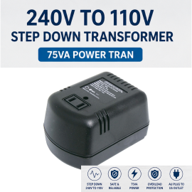 OHUGE™ 75VA 240V to 120V Voltage Converter 240V To 120V/110V Power Transformer AU to US Step-Down Converter by PowerTran. Safe, Portable Heavy-Duty